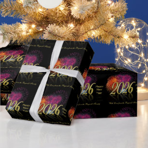 Papier Cadeau Bonne année 2026 Feux d'artifice dorés