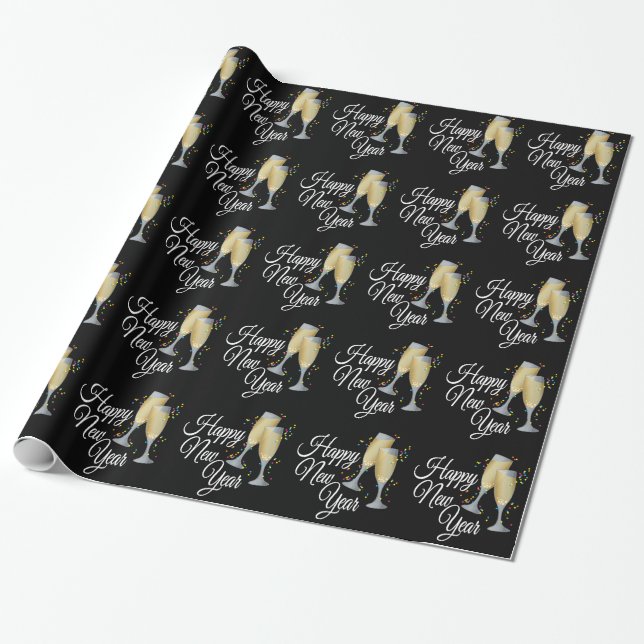 Papier Cadeau Bonne année Champagne Verres & Confetti (Déroulé)