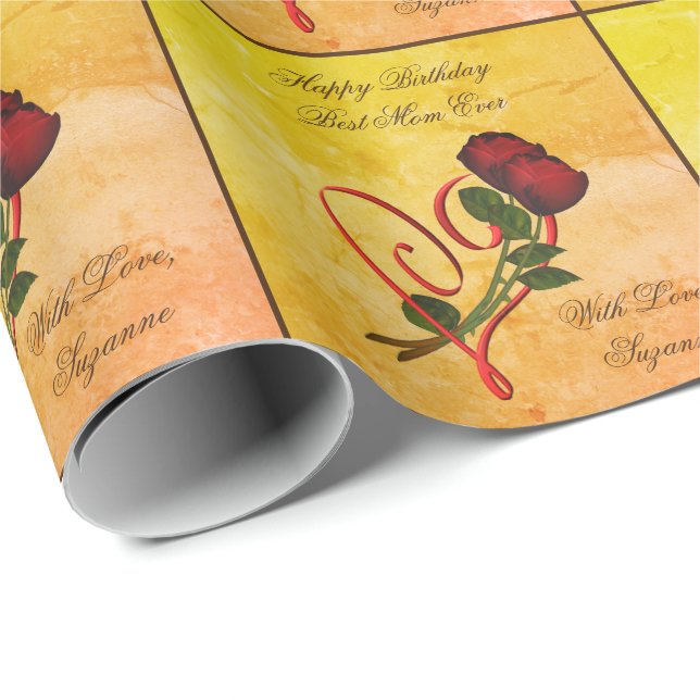 Papier Cadeau Bonne fête d'anniversaire Meilleure maman Roses ro (Coin rond)