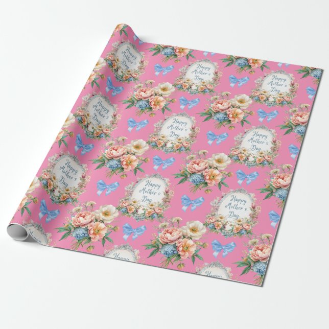 Papier Cadeau Bonne fête des mères rose romantique (Déroulé)