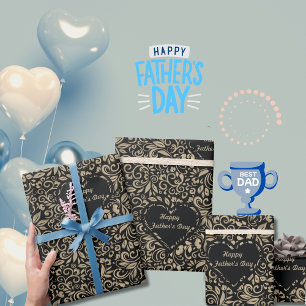 Papier Cadeau Bonne Fête des pères fleurie motif or noir