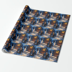 Papier Cadeau Border Collie avec lumières de Noël vacances