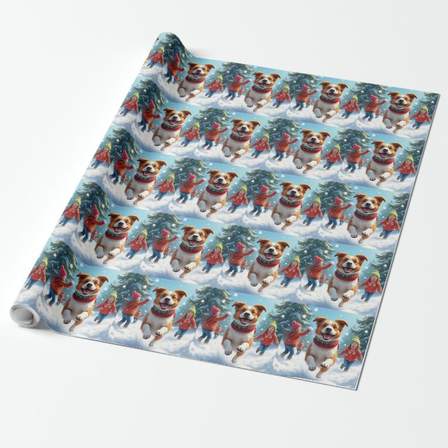 Papier Cadeau Border Terrier Snowball Fight Christmas Painting (Déroulé)