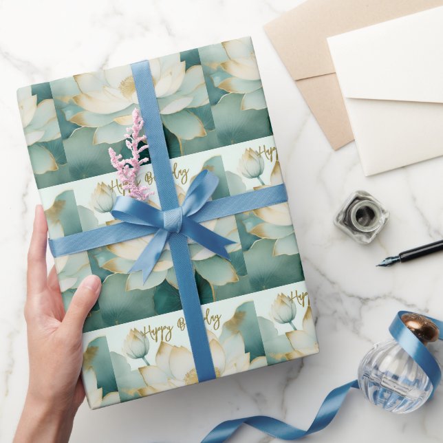 Papier Cadeau Bords dorés de fleur de Lotus Joyeux anniversaire (Cadeaux)