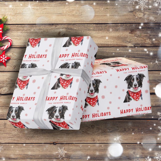 Papier Cadeau Bordure Collie Coeur rouge Bandana Photo de Noël (Créateur téléchargé)