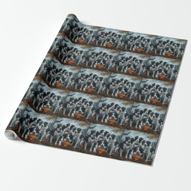 Papier Cadeau Bordure Collie Halloween nuit Chien ravir (Déroulé)