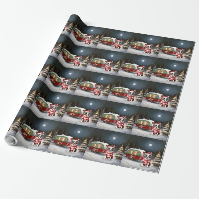 Papier Cadeau Boston Terrier Caravan Christmas Adventure (Déroulé)