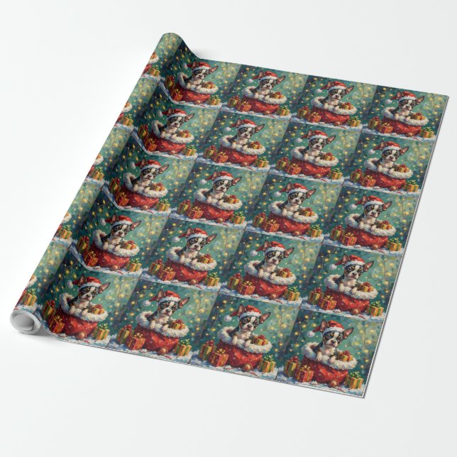 Papier Cadeau Boston Terrier Christmas Santa Bag Adventure (Déroulé)