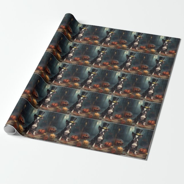 Papier Cadeau Boston Terrier Citrouille Halloween effroi (Déroulé)