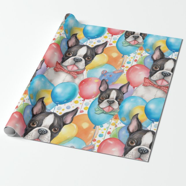 Papier Cadeau Boston Terrier Et Ballons (Déroulé)