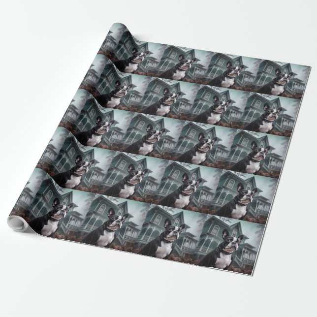 Papier Cadeau Boston Terrier Halloween effrayant (Déroulé)