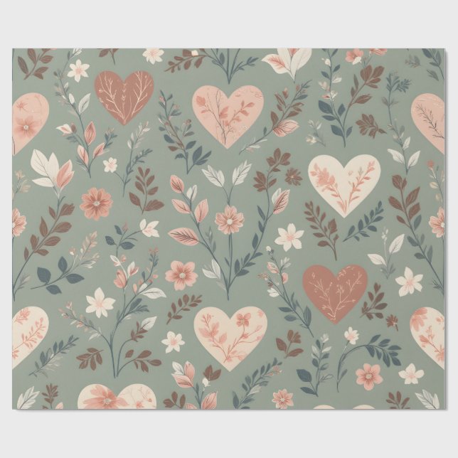 Papier Cadeau Botanical Hearts Romantic Floral Seamless Pattern  (Plat)