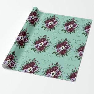 Papier Cadeau Botanique Bouquet de Roses Violettes