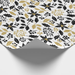 Papier Cadeau Botanique de Noël White Black Gold Holly