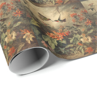Papier cadeau botanique floral et colibri vintage