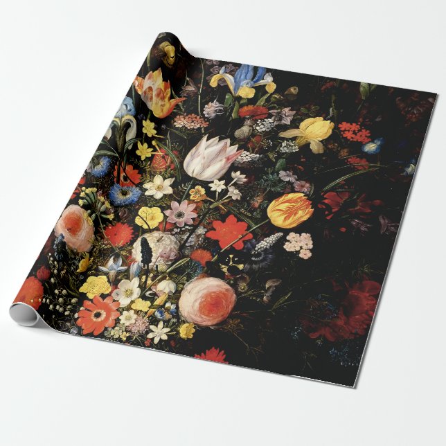 Papier Cadeau Botanique foncé élégant floral (Déroulé)