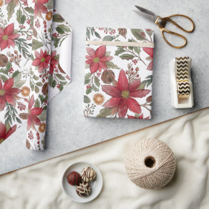 Papier Cadeau Botanique Poinsettia Noël rustique