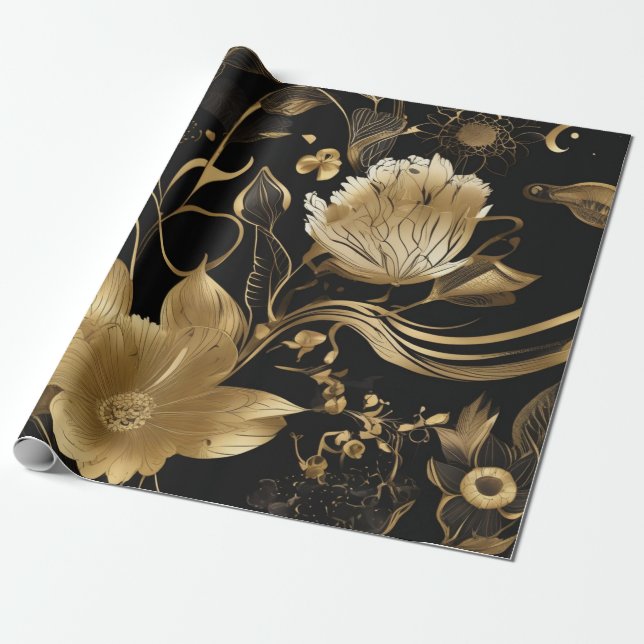 Papier Cadeau Botaniques noires et or : Opulence florale (Déroulé)