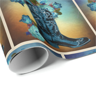 Papier Cadeau Botte de cowboy Bleu Occidental avec Roses au couc