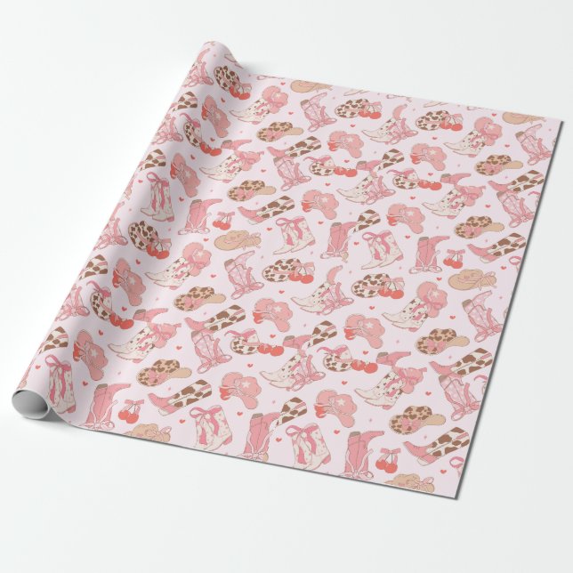 Papier Cadeau Botte de cowboy rose enveloppant du papier (Déroulé)