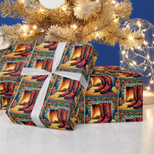 Papier Cadeau Bottes De Cowboy En Brûlant Foyer Noël