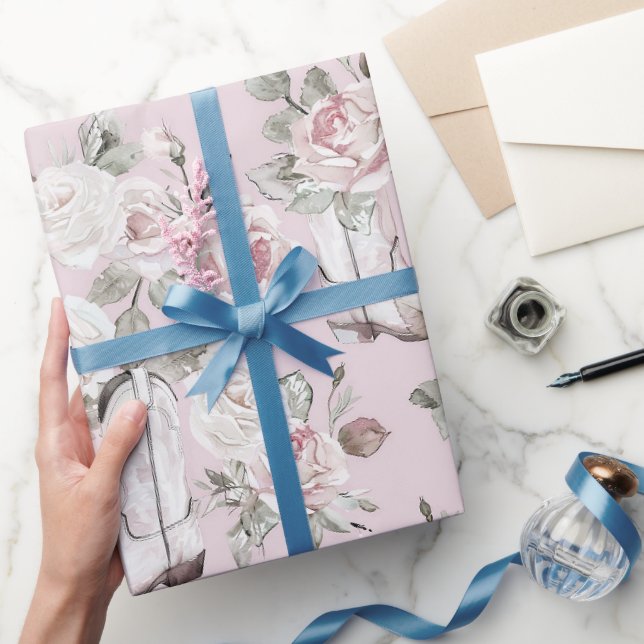 Papier Cadeau Bottes de cowgirl rose blanc floral Anniversaire (Cadeaux)