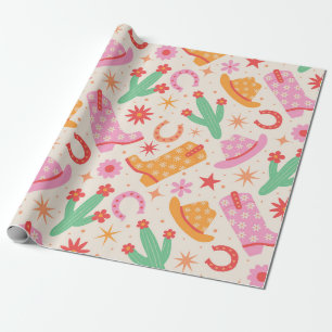 Papier Cadeau Bottes et chapeaux de cowgirl groovy avec motif de