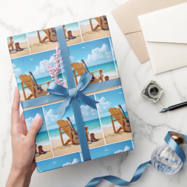 Papier Cadeau Bottes et guitare occidentales sur une plage (Cadeaux)