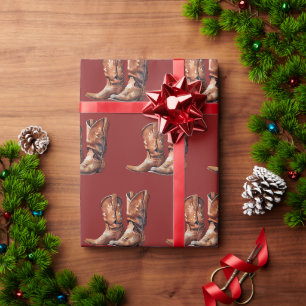 Papier Cadeau Bottes Occidentales Red Howdy Cowboy
