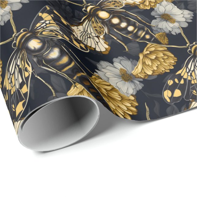 Papier Cadeau Bouches et Marigolds Jaune et Noir gothique (Coin rond)