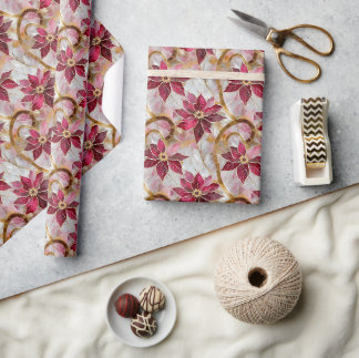 Papier Cadeau Boucles d'or Bourgogne rose Poinsettias de Noël