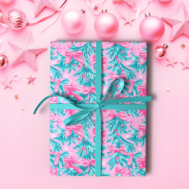 Papier Cadeau Boughs et ornements de Noël rose et menthe (Créateur téléchargé)