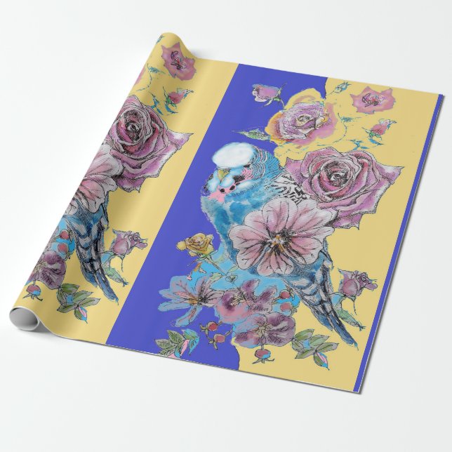 Papier Cadeau Bougie bleue Fleurs d'art Roses Aquarelle (Déroulé)