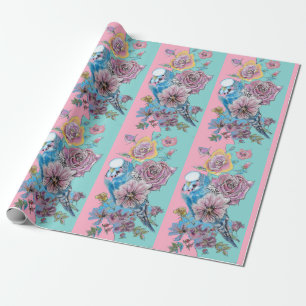 Papier Cadeau Bougie bleue Fleurs d'art Roses Aquarelle