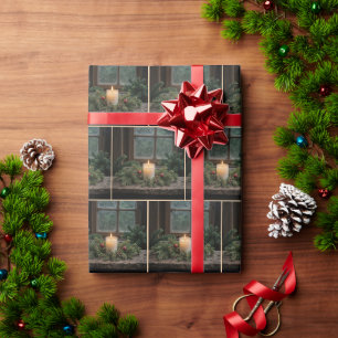 Papier Cadeau Bougie De Noël Dans La Fenêtre Ferme