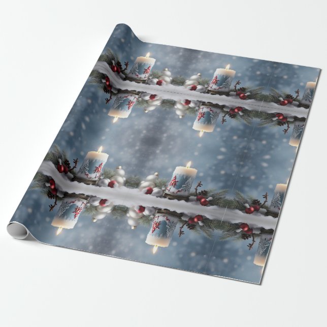 Papier Cadeau Bougie de Noël d'hiver avec neige et espace de cop (Déroulé)