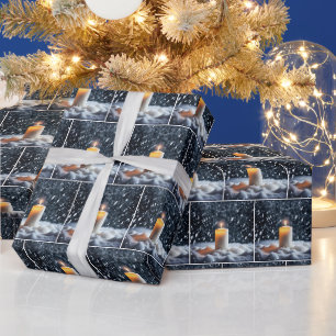 Papier Cadeau Bougie De Noël En Neige