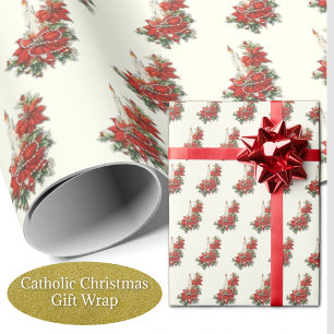 Papier Cadeau Bougies de Noël avec Rosaire et Poinsettias