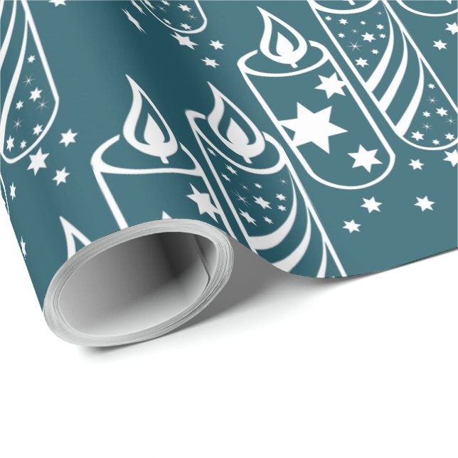 Papier Cadeau Bougies de Noël Bleu & Blanc tendance (Coin rond)