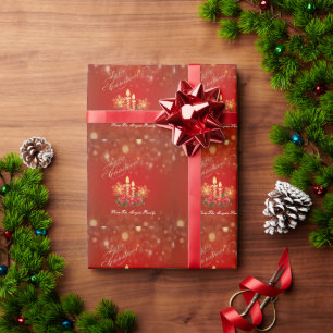 Papier Cadeau Bougies de Noël Élégantes Rouges, Boules ,Flocons