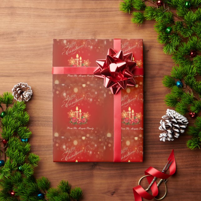 Papier Cadeau Bougies de Noël Rouge Élégantes, Boules, Snowflake (Cadeau de vacances)