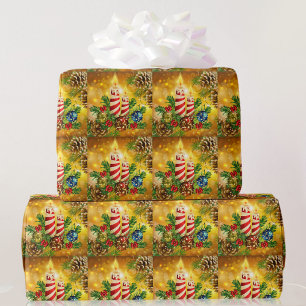 Papier Cadeau Bougies dorées Noël Bougies Pinecones