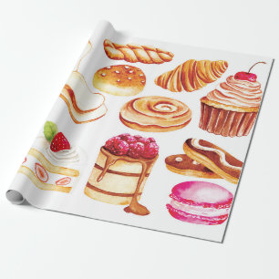 Papier Cadeau Boulangerie vintage et pâtisserie à l'eau couleur 
