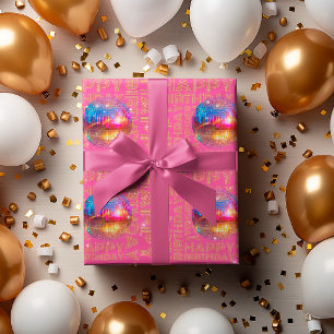 Papier Cadeau Boule à facettes dorée Joyeux Anniversaire Rose Él