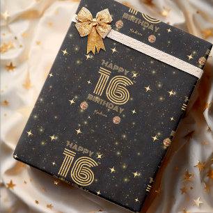 Papier Cadeau Boule de disco dansante Or Noir 16e Joyeux Anniver