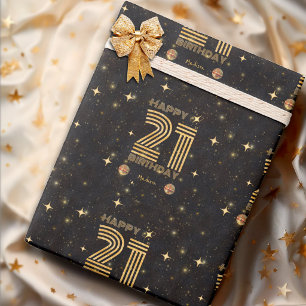 Papier Cadeau Boule de disco dansante Or Noir 21e Joyeux Anniver
