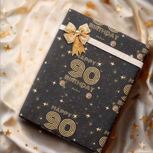Papier Cadeau Boule de disco dansante Or Noir 90e Joyeux Anniver