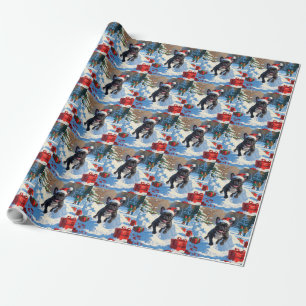 Papier Cadeau Bouledogue français noir scène festive de Noël enn
