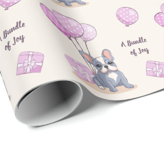 Papier Cadeau Bouledogue français sur ballon rose Baby Shower fi