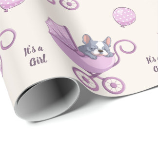 Papier Cadeau Bouledogue français sur poussette Fille rose Baby 